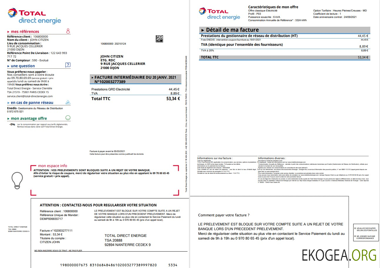 France Total Direct Energie utility bill